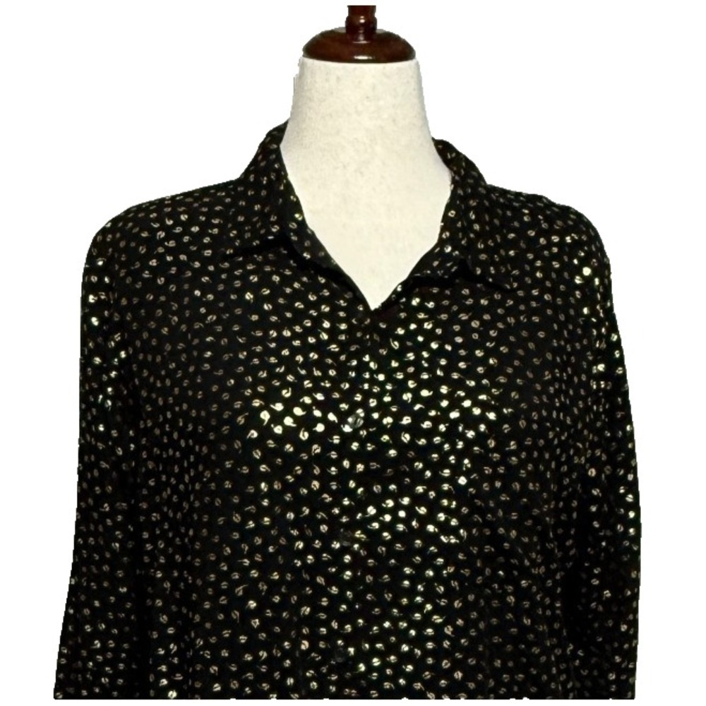 Solitaire Top Women 1X Black Gold Button Front Shirt Metallic‎ Leaf 100% Rayon